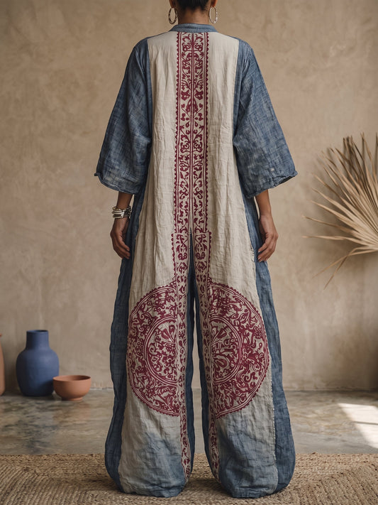 Women's with Print vintage, V-Neck and 3/4 Sleeves. Jumpsuit