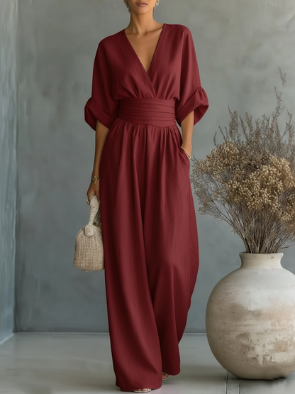V-Neck and High Waist Jumpsuit