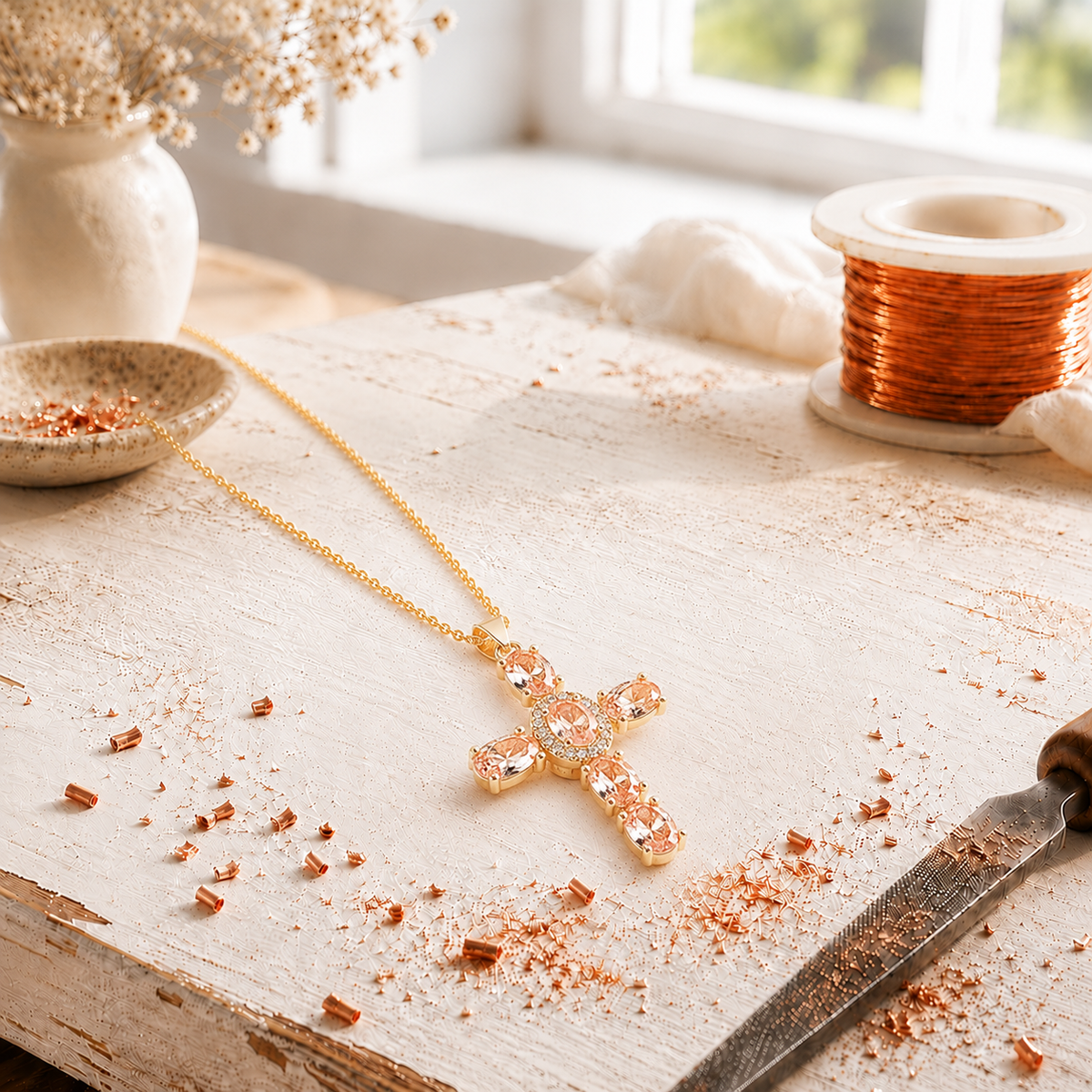 Cross Copper Zircon-Laid Pendant with Chain