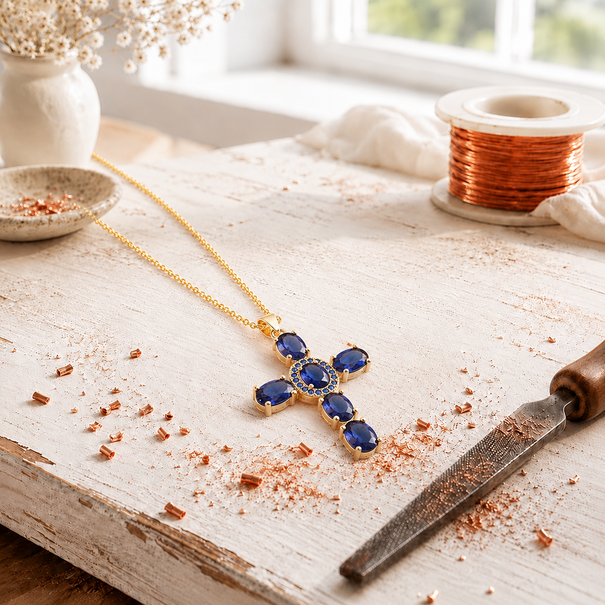 Cross Copper Zircon-Laid Pendant with Chain