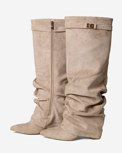 Lavista | Beige Slouchy Suede Knee-High Boots - Nora & Grace Boutique