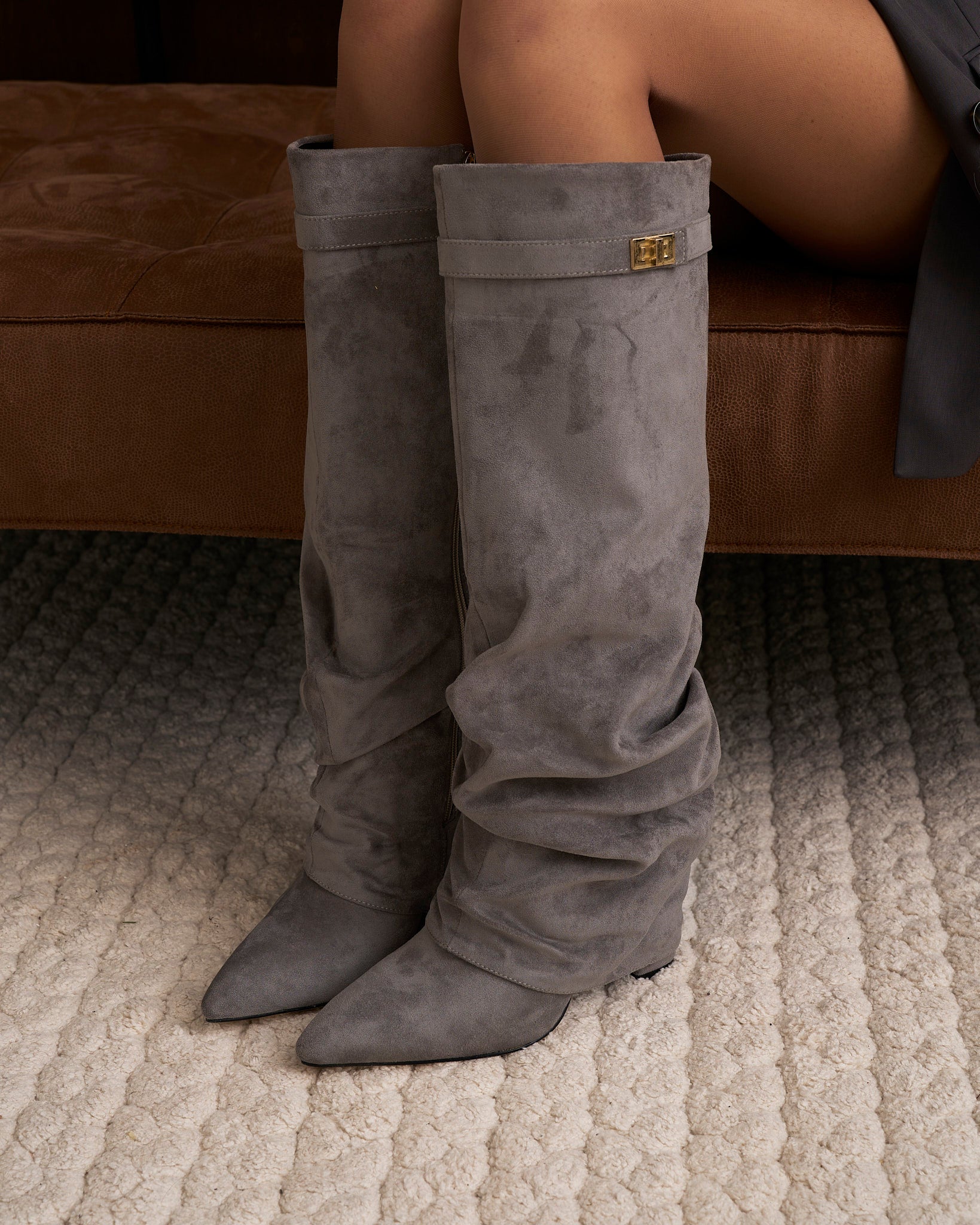 Lavista | Grey Slouchy Suede Knee-High Boots - Nora & Grace Boutique