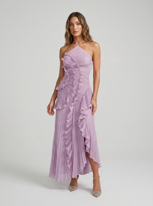 Long Pleated with Ruffles Dress