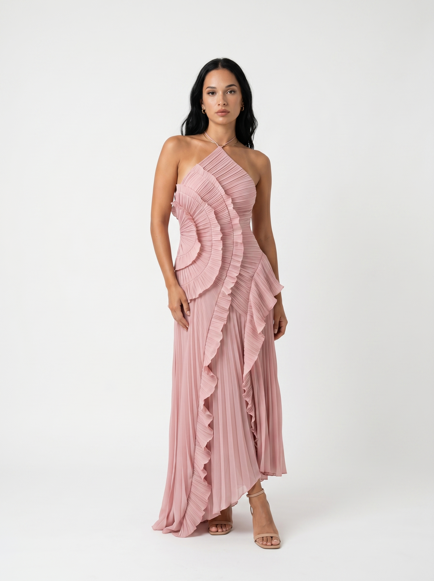 Long Pleated with Ruffles Dress