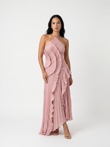 Long Pleated with Ruffles Dress