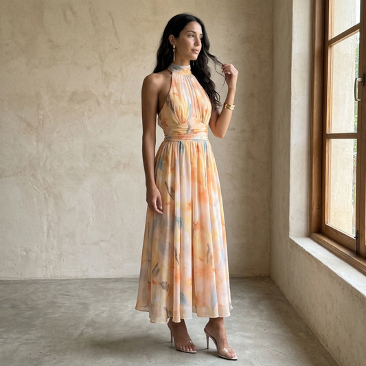 Print with neck Halter and waist adjustable Dress