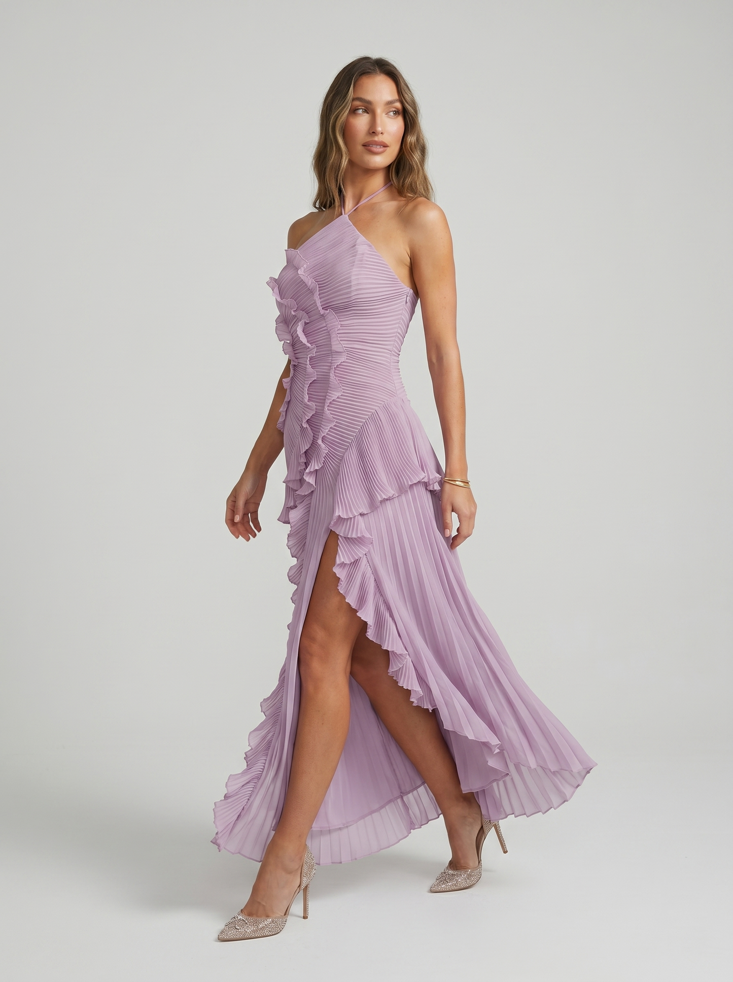Long Pleated with Ruffles Dress