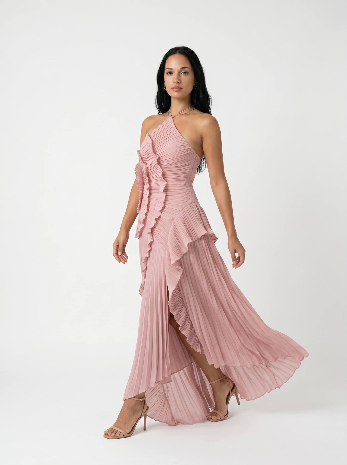 Long Pleated with Ruffles Dress