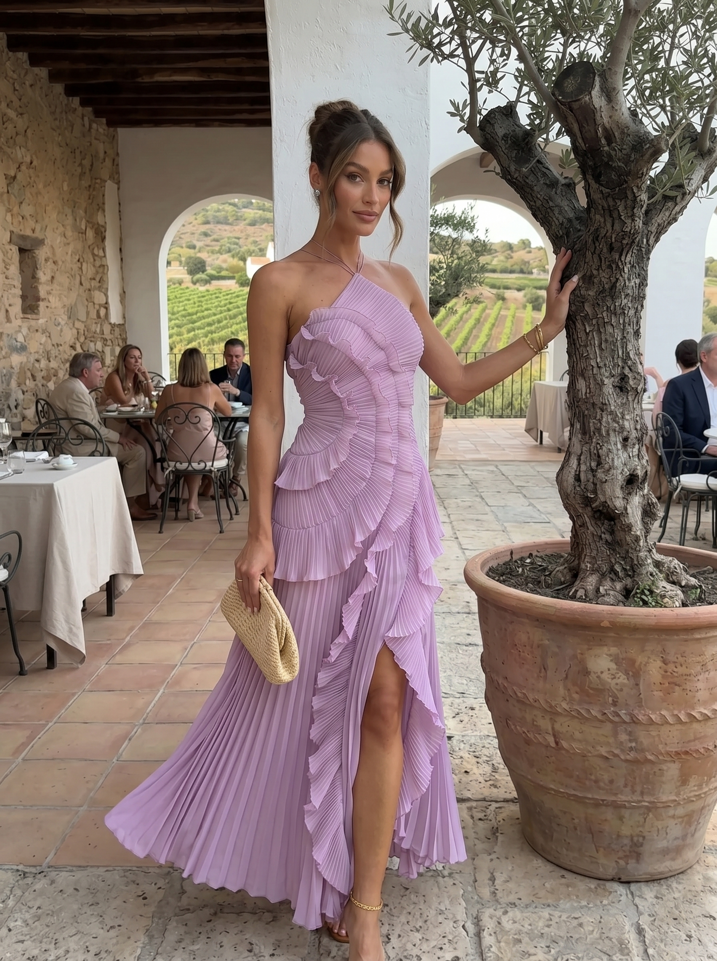 Long Pleated with Ruffles Dress