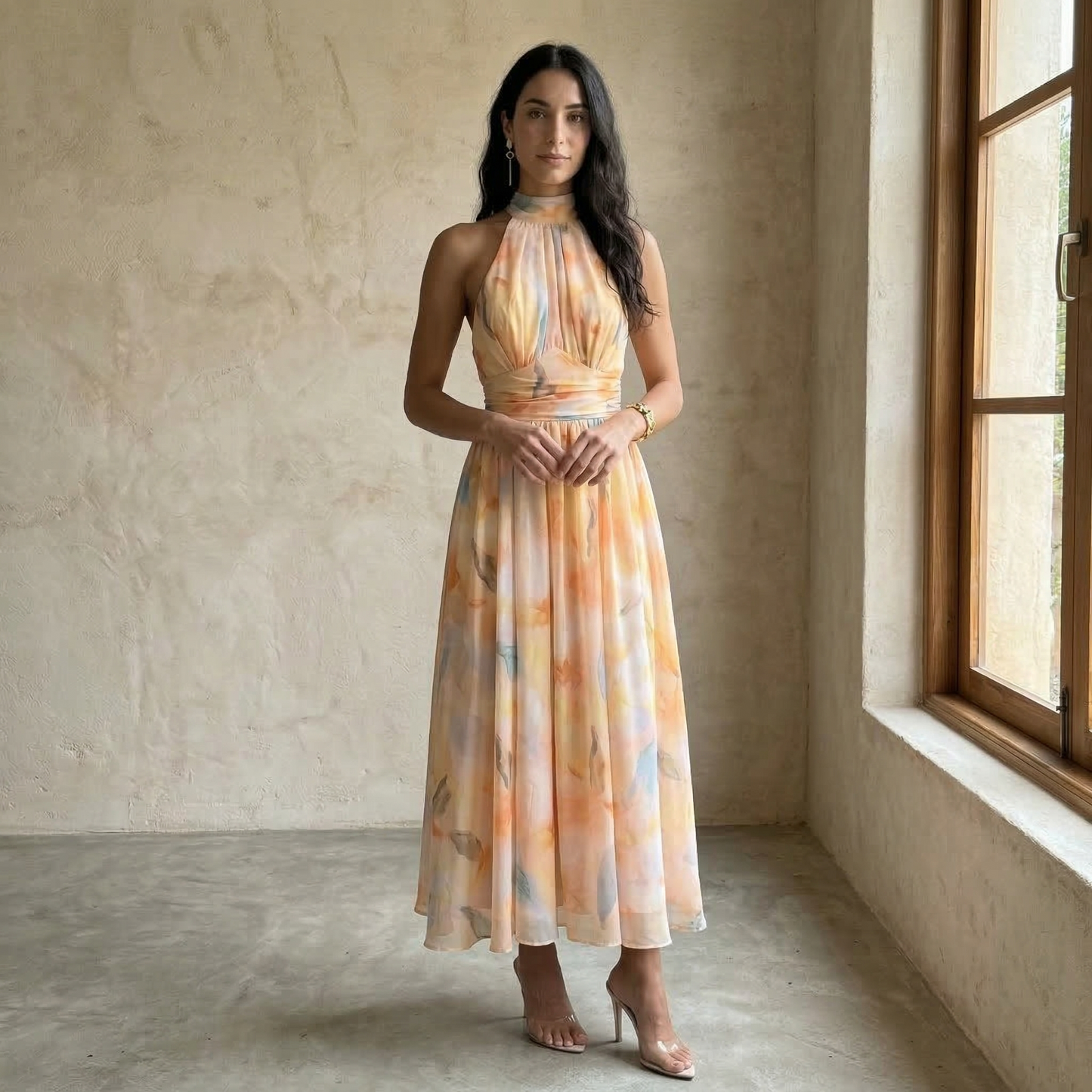 Print with neck Halter and waist adjustable Dress