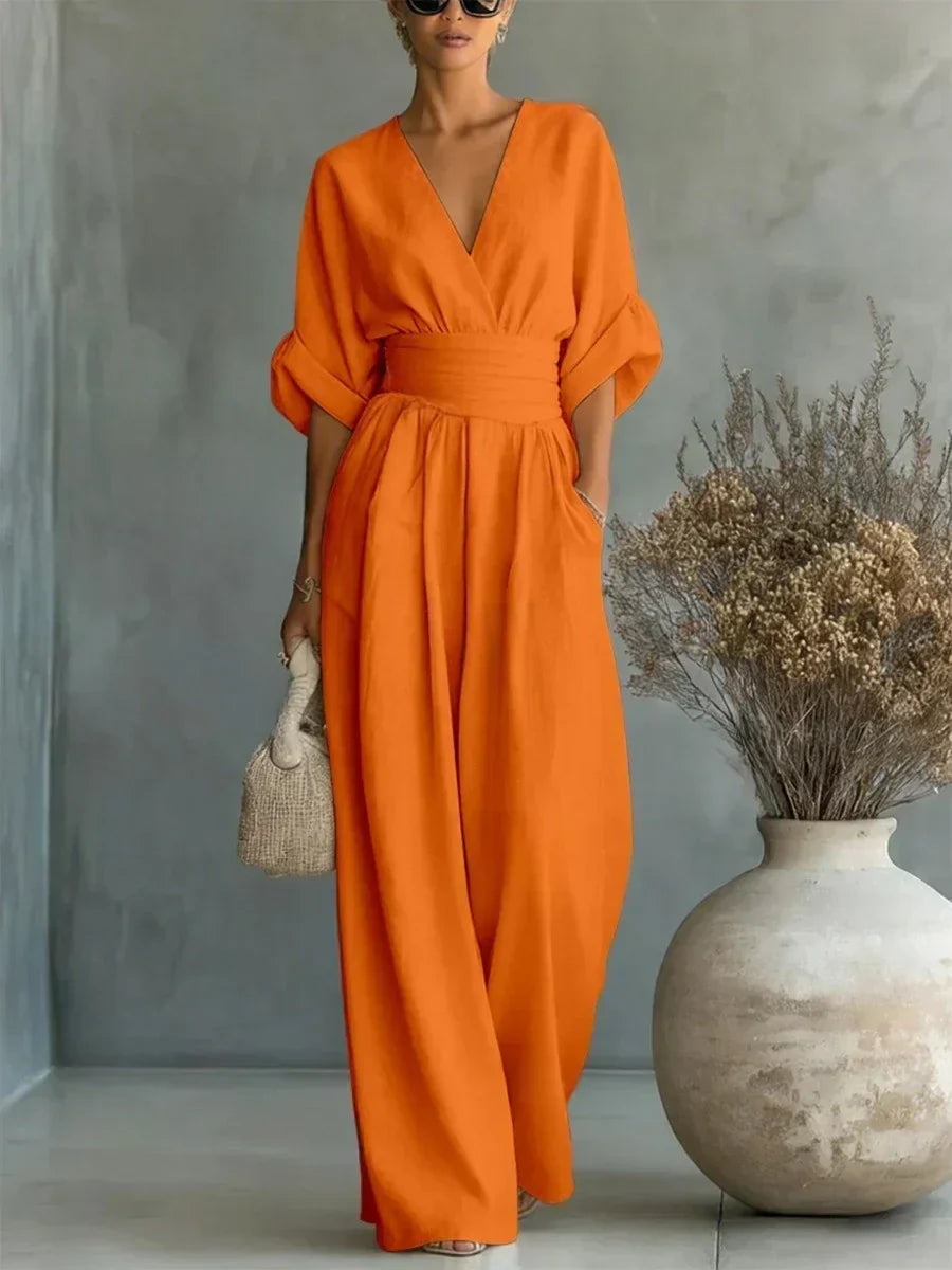 V-Neck and High Waist Jumpsuit