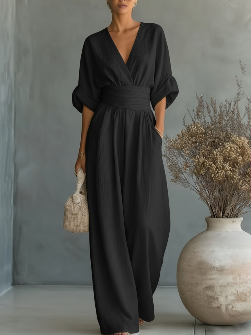 V-Neck and High Waist Jumpsuit