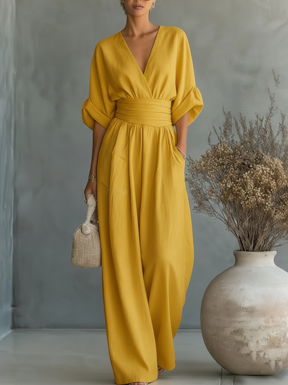 V-Neck and High Waist Jumpsuit