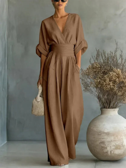 V-Neck and High Waist Jumpsuit