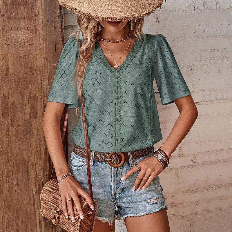 Short Sleeve with V-Neck Blouse