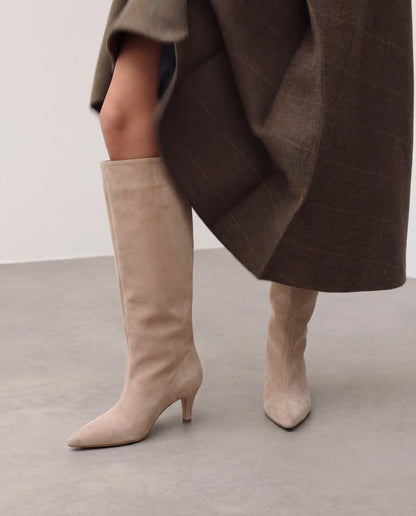 Mona | Beige Suede Knee-High Boots - Nora & Grace Boutique