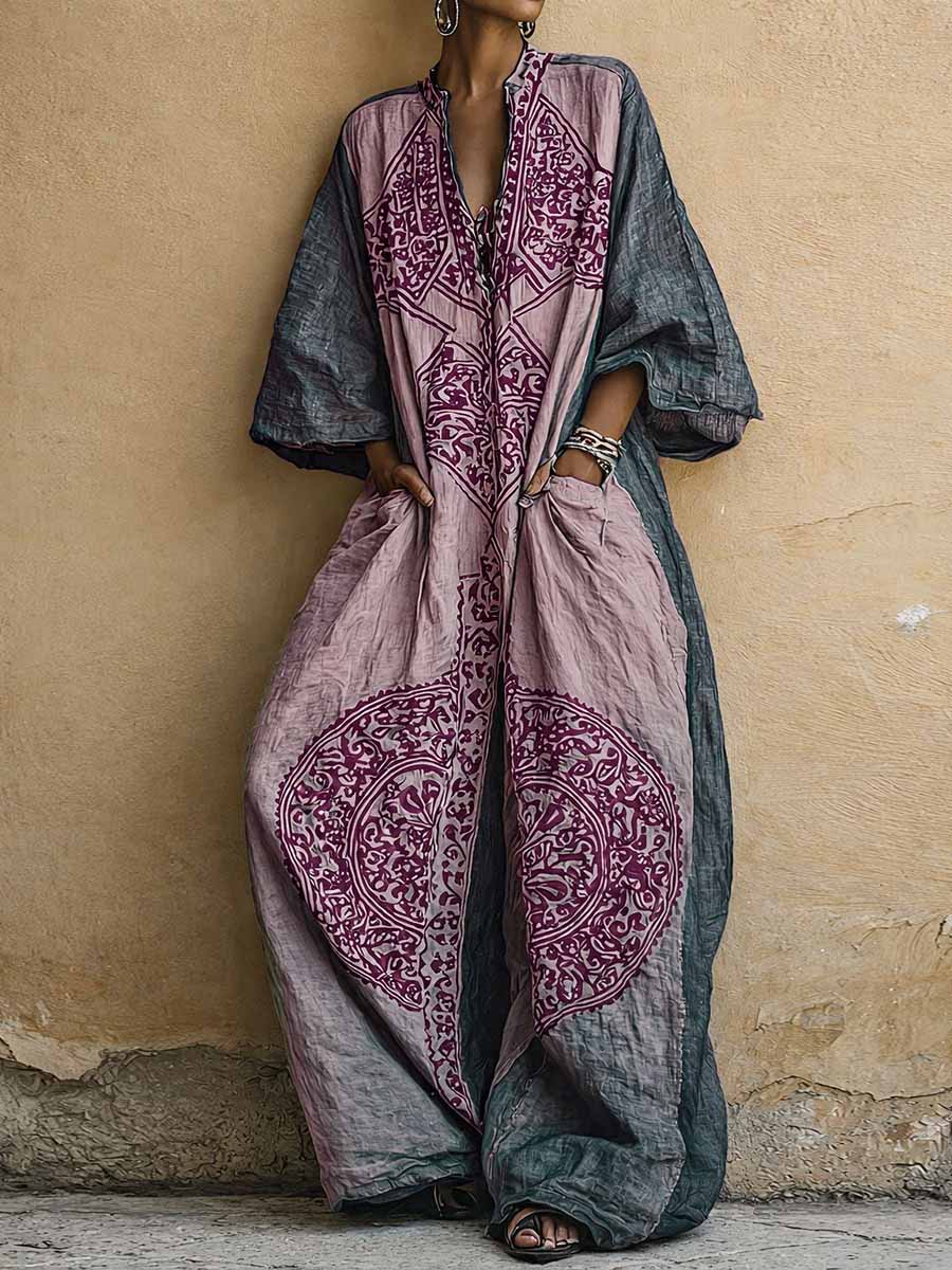 Women's with Print vintage, V-Neck and 3/4 Sleeves. Jumpsuit