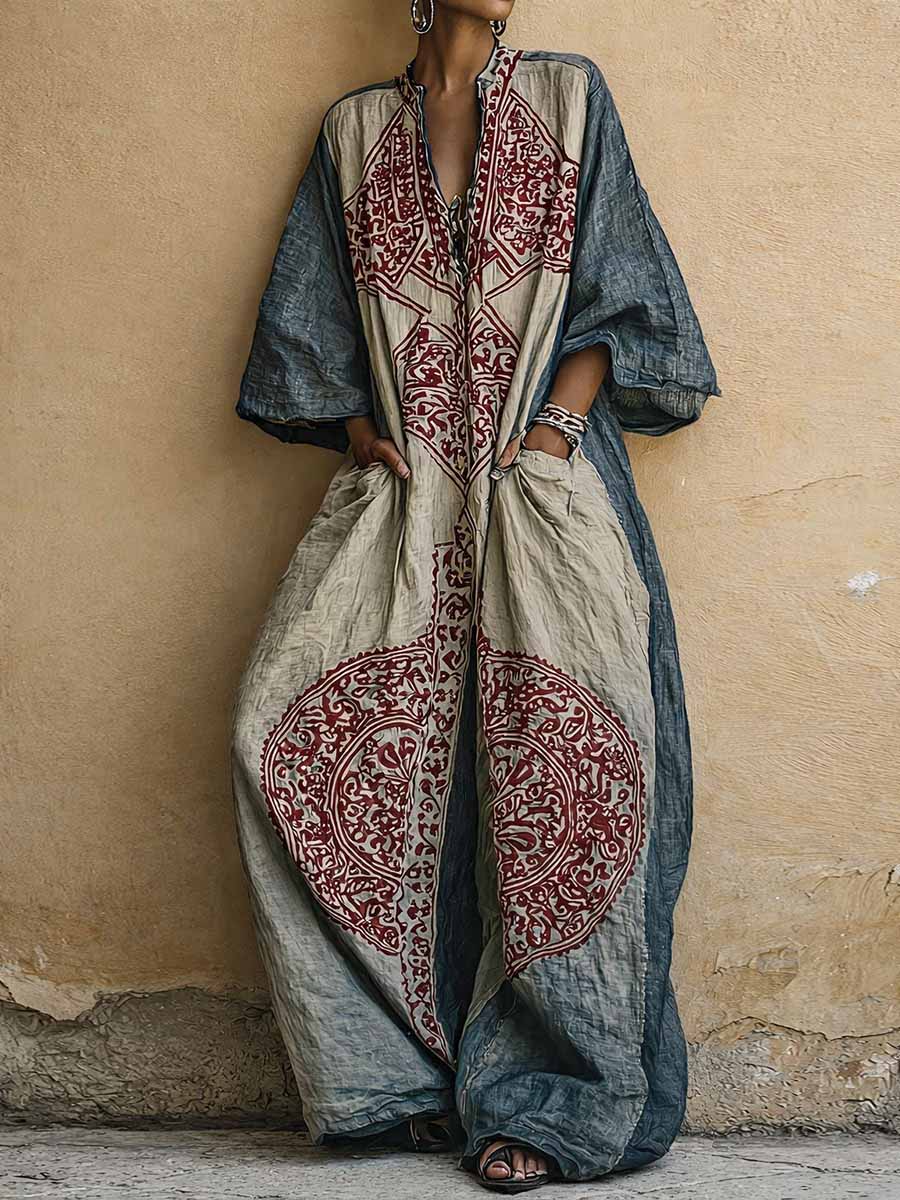 Women's with Print vintage, V-Neck and 3/4 Sleeves. Jumpsuit