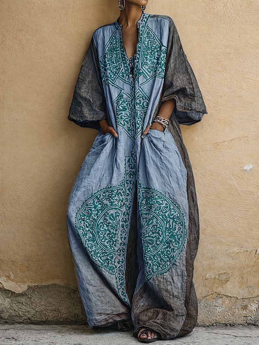 Women's with Print vintage, V-Neck and 3/4 Sleeves. Jumpsuit